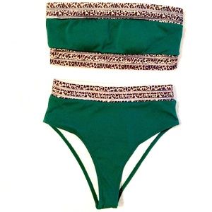 SHEIN High Waist Bandeau Bikini Set, Size Medium, Green/Leopard New without Tags